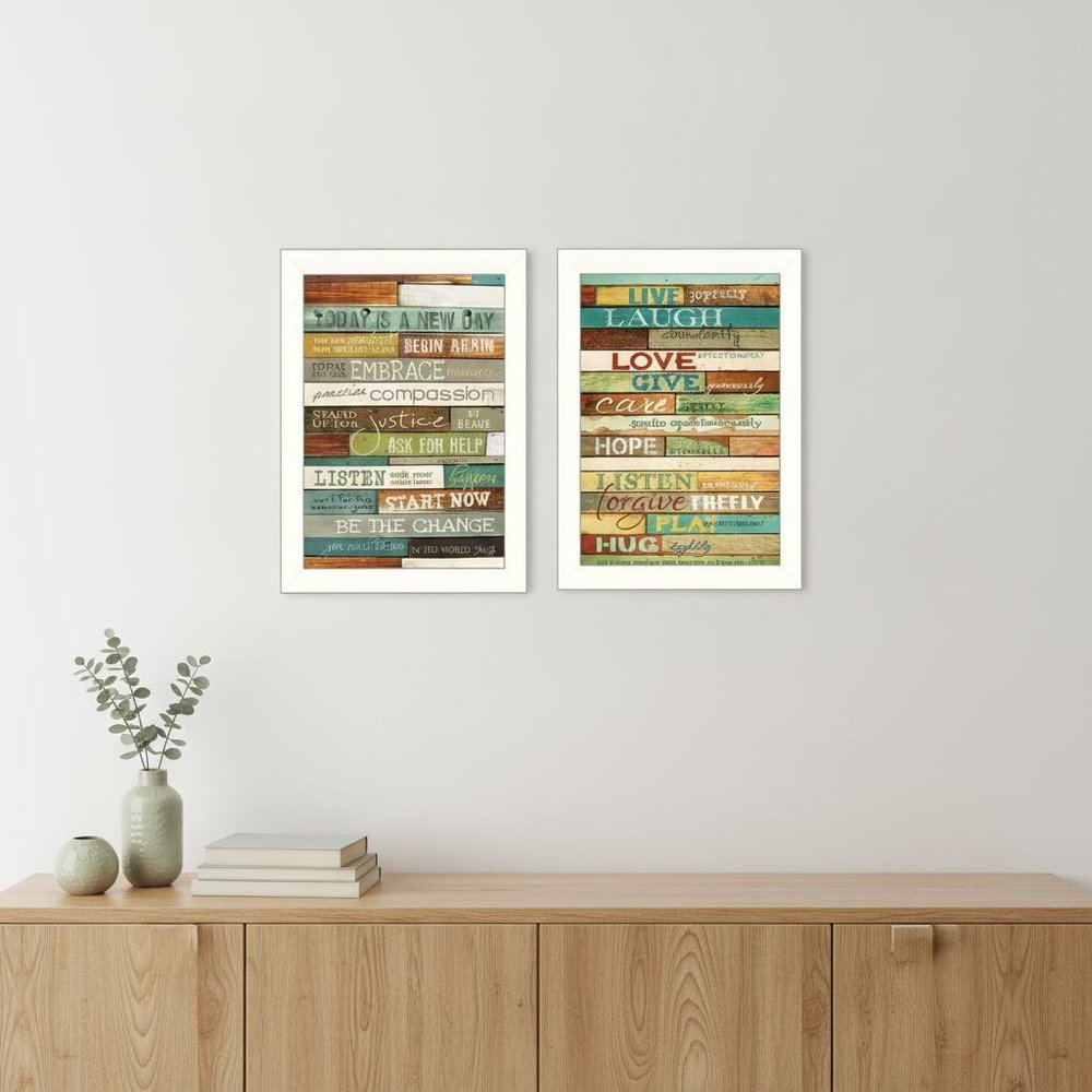 Set Of Two Today is a New Day Faux Wood Slat White Framed Print Wall Art