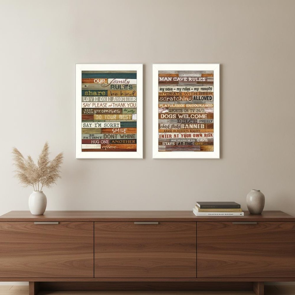 Set Of Two Family and Man Cave Rules 2 White Framed Print Wall Art