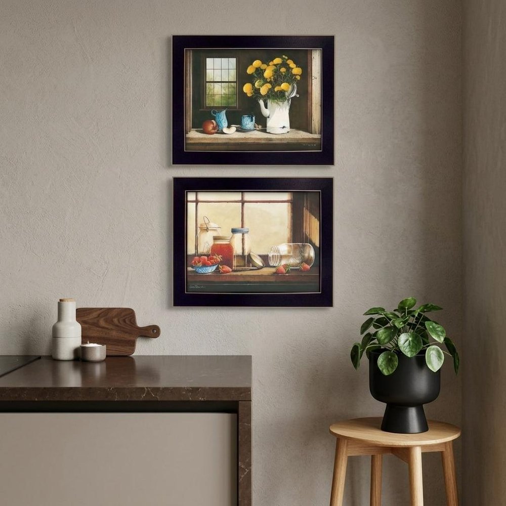 Set Of Two Tea Apples and Strawberries Black Framed Print Kitchen Wall Art