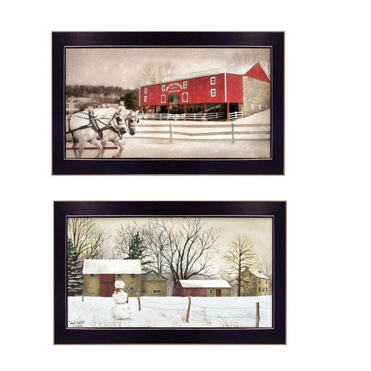 Set Of Two Winter Scenic Barns Black Framed Wall Art