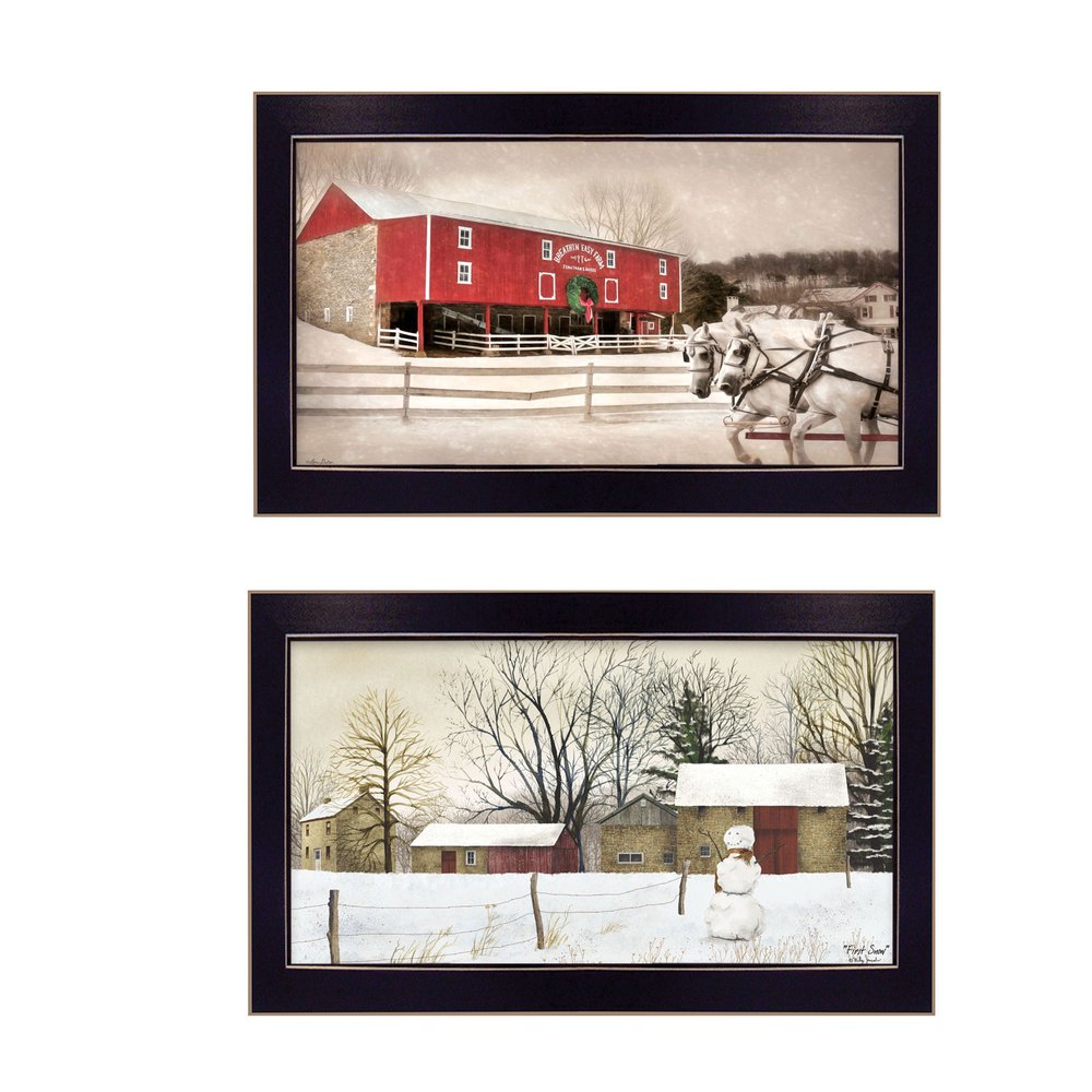 Set Of Two Winter Scenic Barns Black Framed Wall Art