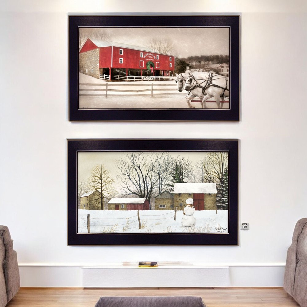 Set Of Two Winter Scenic Barns Black Framed Wall Art
