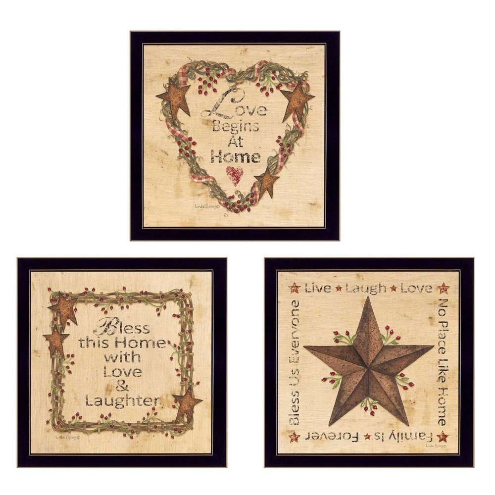 Set Of Three Love Begins at Home Black Framed Wall Art