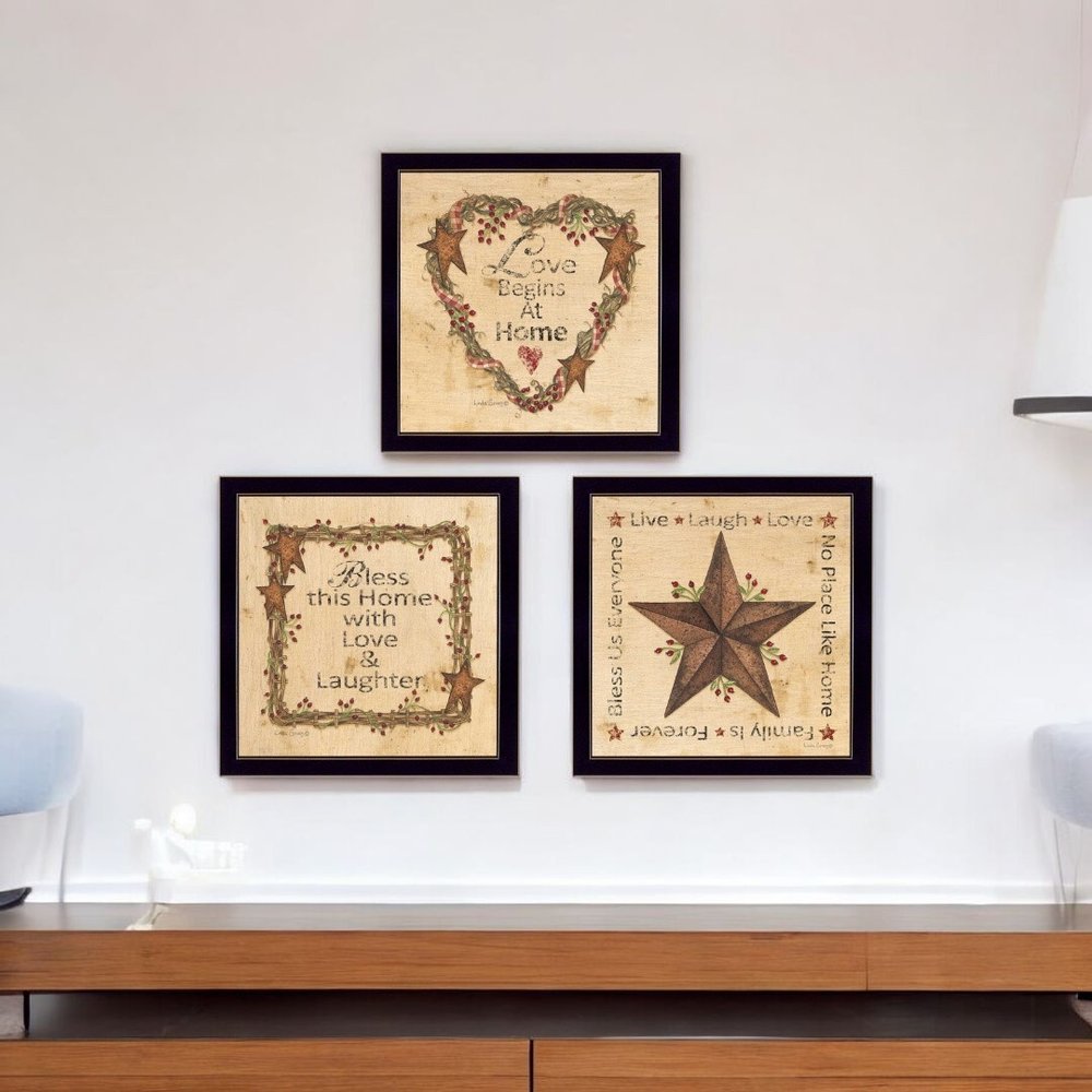 Set Of Three Love Begins at Home Black Framed Wall Art