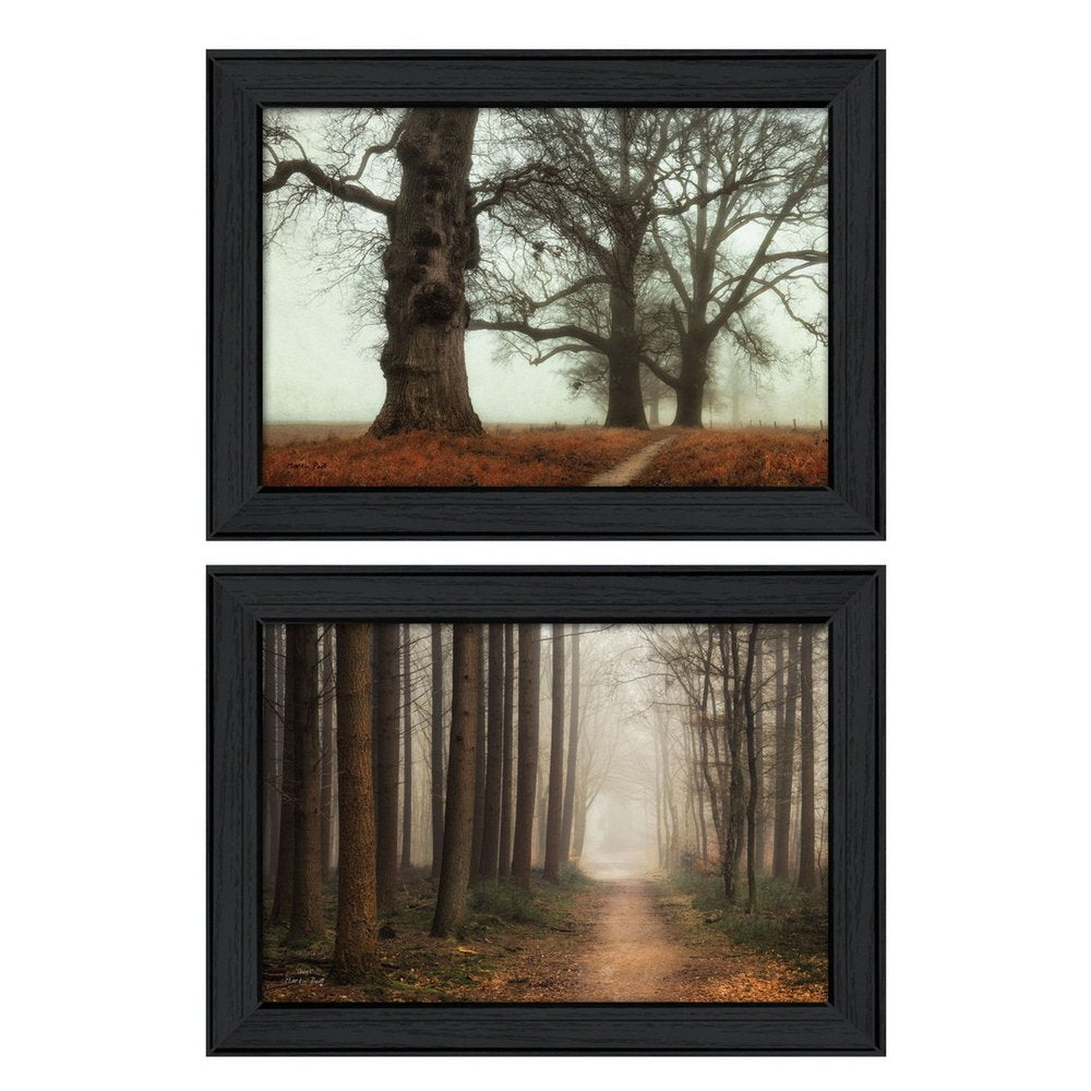 Set Of Two Misty Trees Black Framed Wall Art