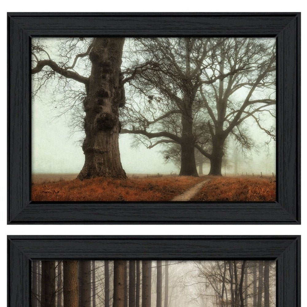 Set Of Two Misty Trees Black Framed Wall Art