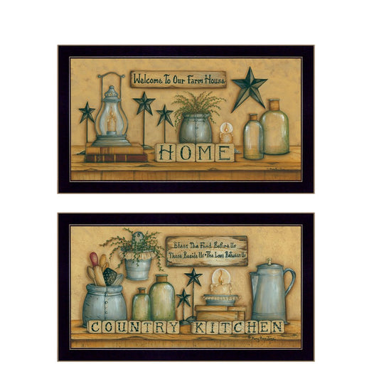 Set Of Two Country Welcome Black Framed Kitchen Wall Art