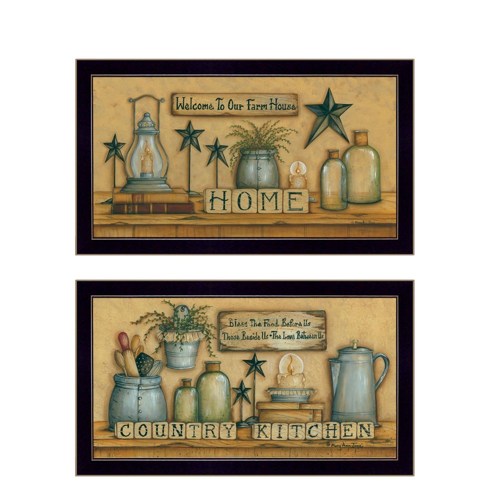 Set Of Two Country Welcome Black Framed Kitchen Wall Art