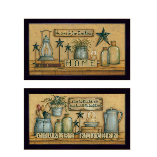 Set Of Two Country Welcome Black Framed Kitchen Wall Art