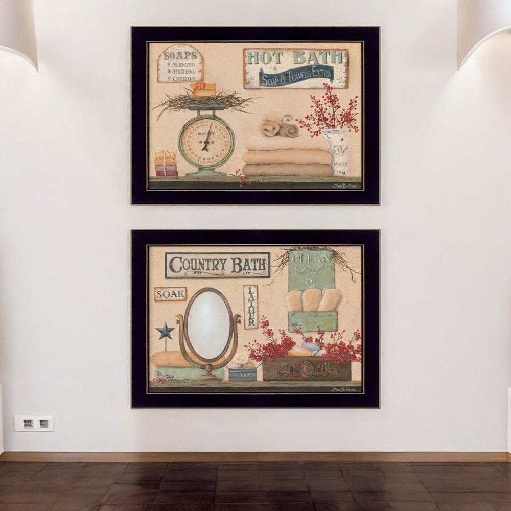 Set Of Two Country Bath III 1 Black Framed Bathroom Wall Art
