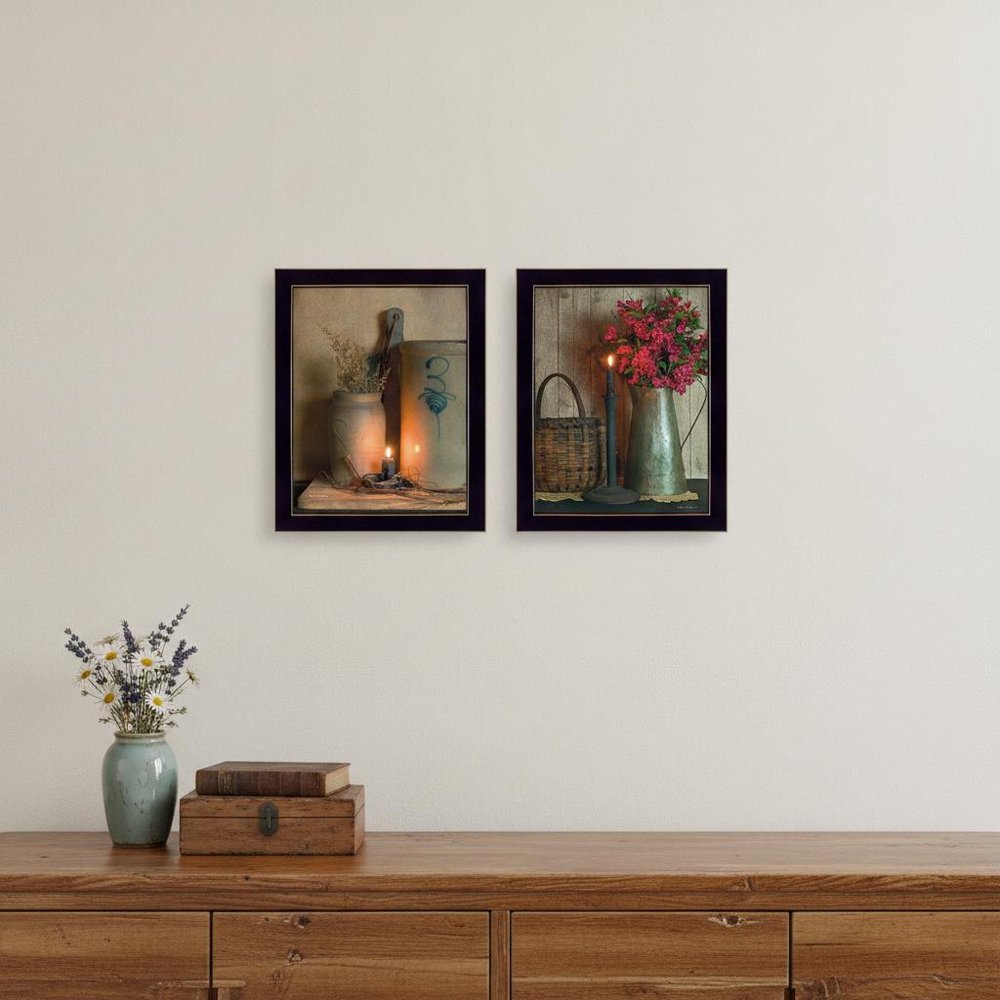Set Of Two Americana Country Candlelight Black Framed Print Wall Art
