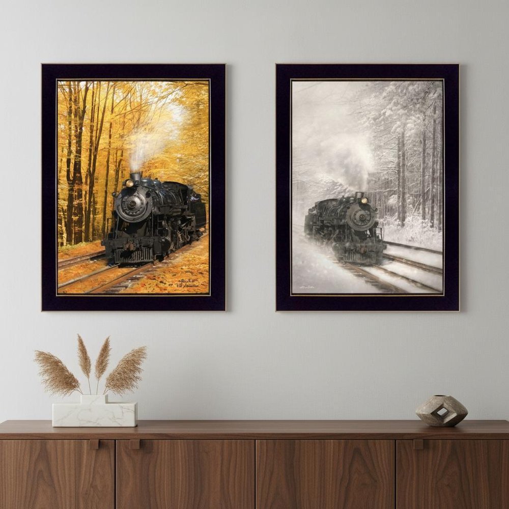 Set Of Two Vintage Locomotives Black Framed Print Wall Art
