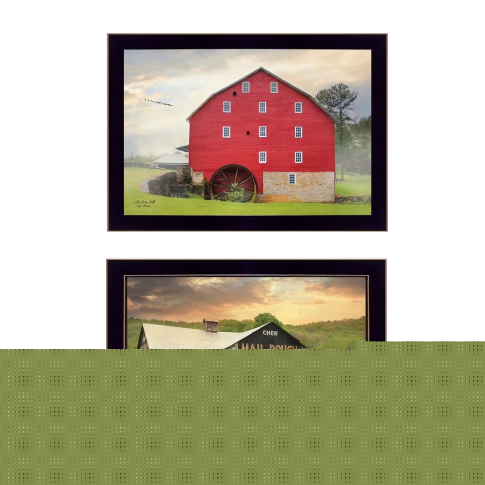 Set Of Two Mail Pouch Red Barn and Mill  Black Framed Print Wall Art