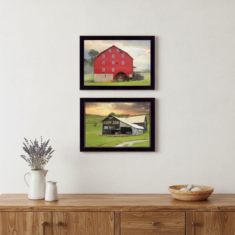 Set Of Two Mail Pouch Red Barn and Mill  Black Framed Print Wall Art