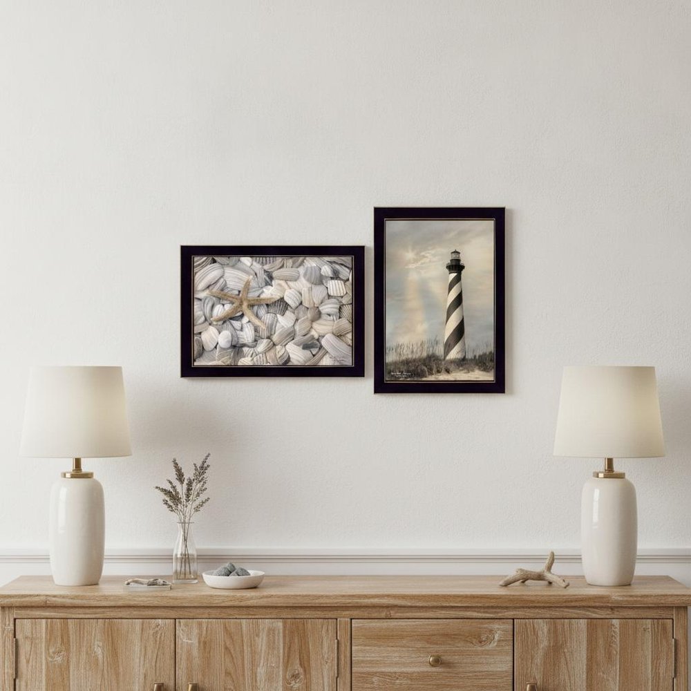 Set Of Two Cape Hatteras Lighthouse and Sea Shells 1 Black Framed Print Wall Art