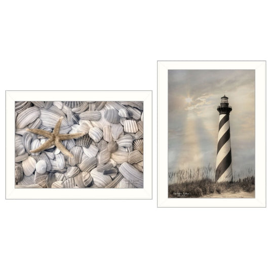 Set Of Two Cape Hatteras Lighthouse and Sea Shells 2 White Framed Wall Art