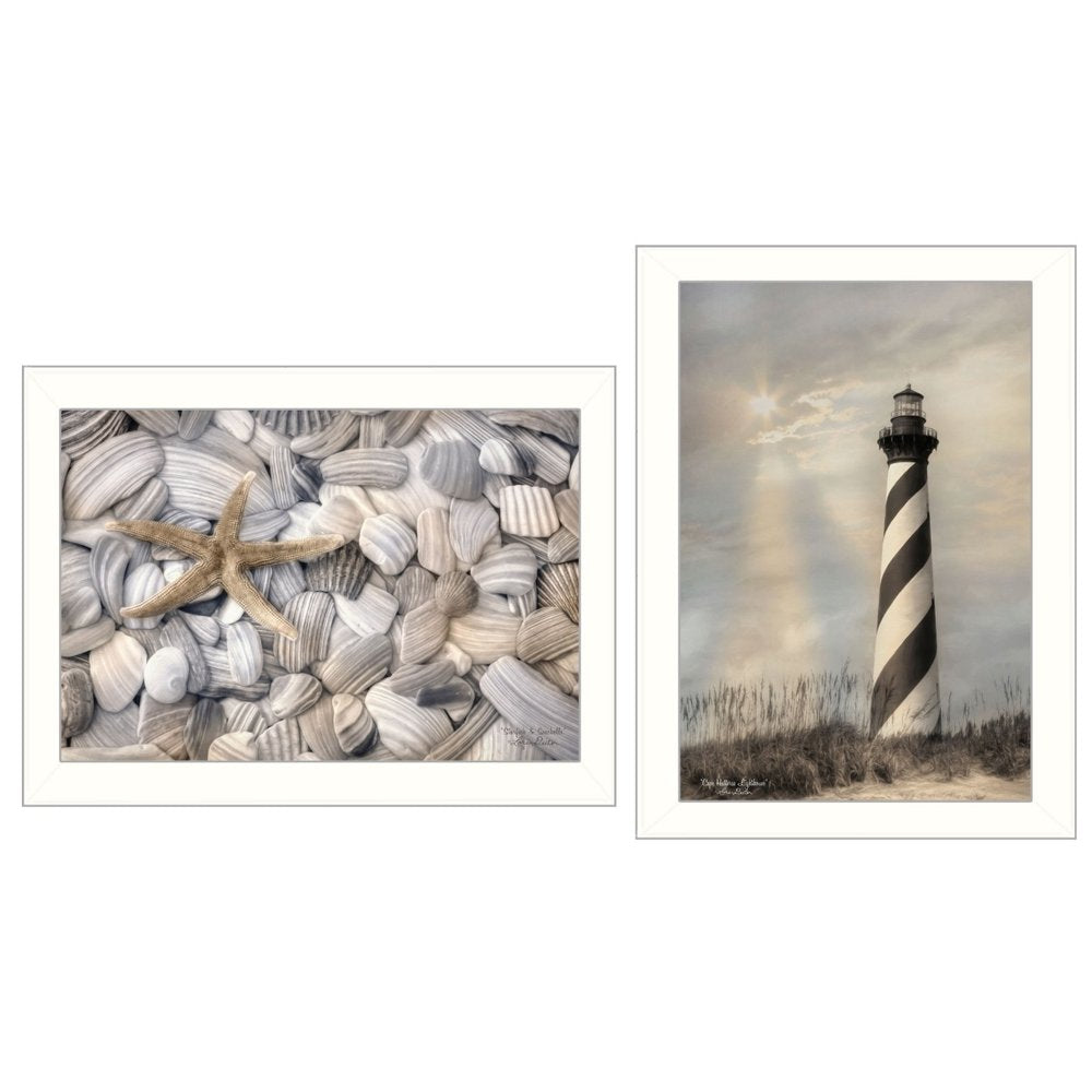 Set Of Two Cape Hatteras Lighthouse and Sea Shells 2 White Framed Wall Art