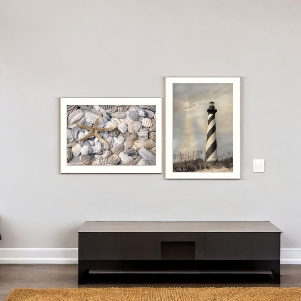 Set Of Two Cape Hatteras Lighthouse and Sea Shells 2 White Framed Wall Art