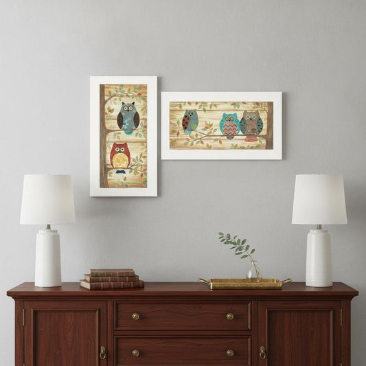 Set Of Two Whimsical Owls White Framed Print Wall Art
