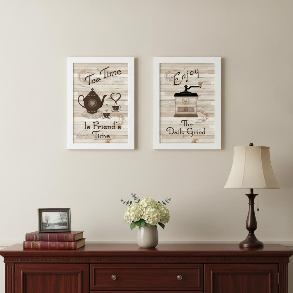 Set Of Two Enjoy Tea Time 3 White Framed Print Kitchen Wall Art