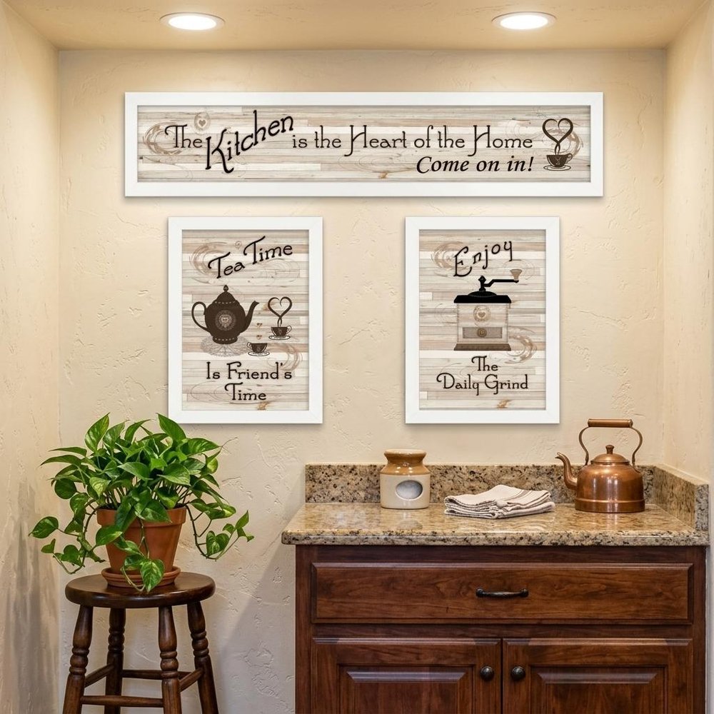 Set Of Three Kitchen Is The Heart of Home White Framed Kitchen Wall Art