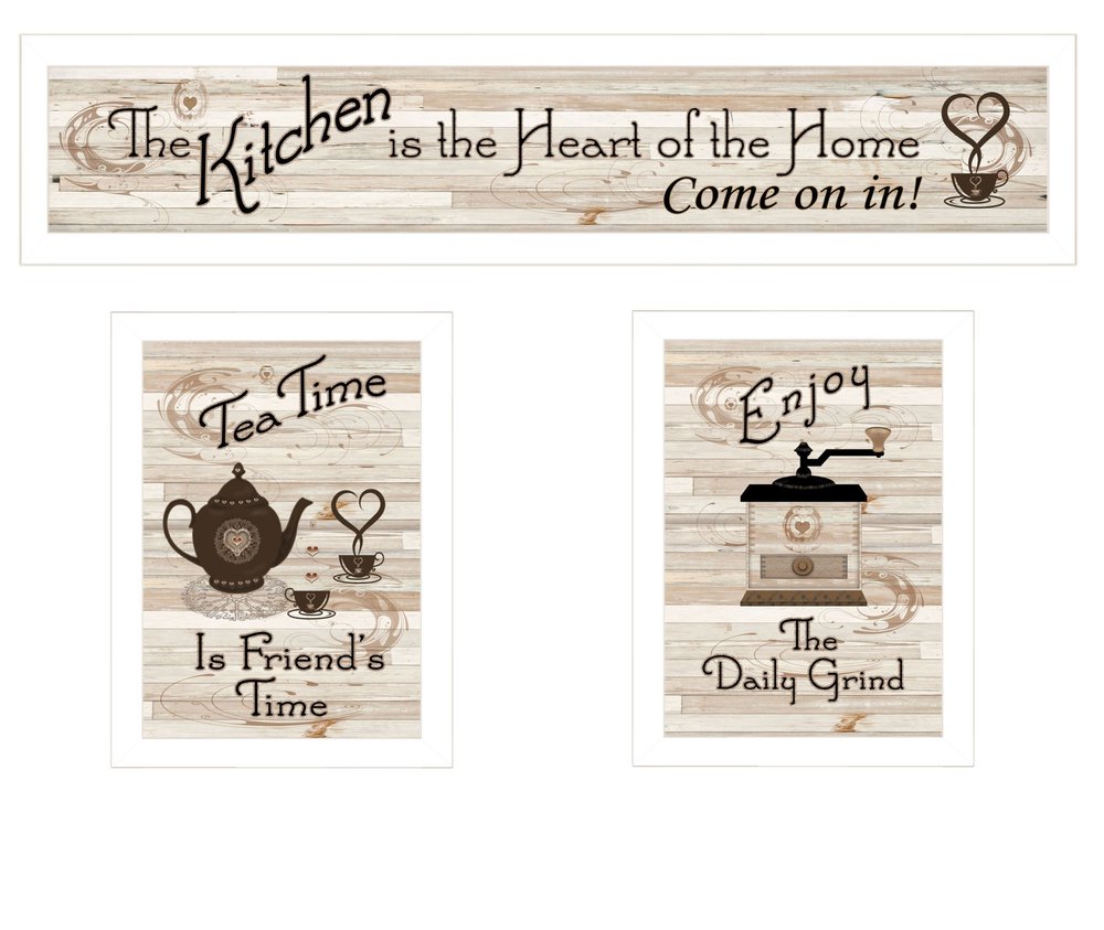 Set Of Three Kitchen Is The Heart of Home White Framed Kitchen Wall Art