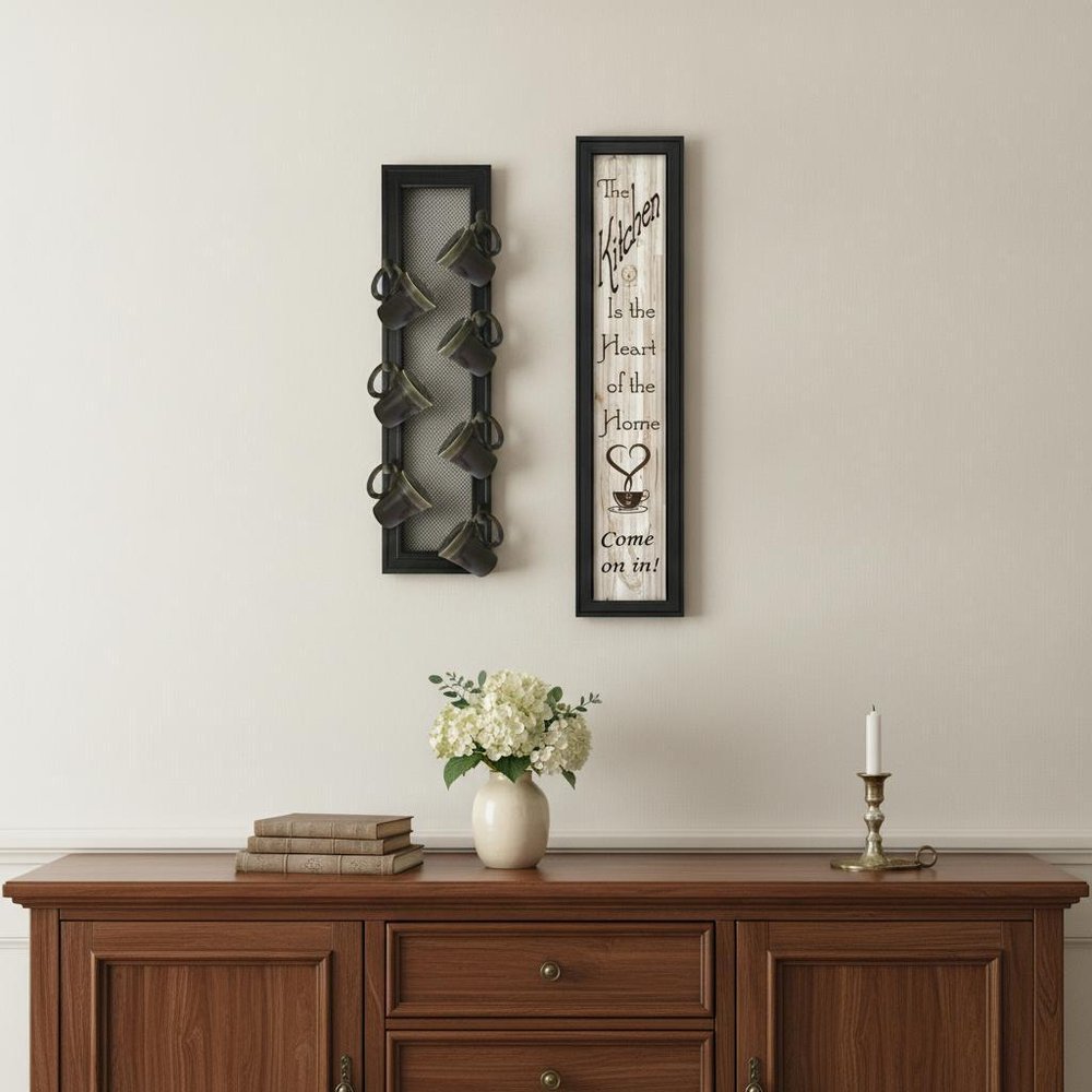 Set Of Two Come On In with Seven Peg Mug Rack 1 Black Framed Print Kitchen Wall Art