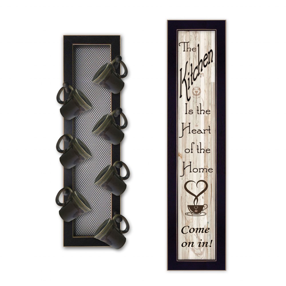 Set Of Two Come On In with Seven Peg Mug Rack 3 White Framed Print Kitchen Wall Art
