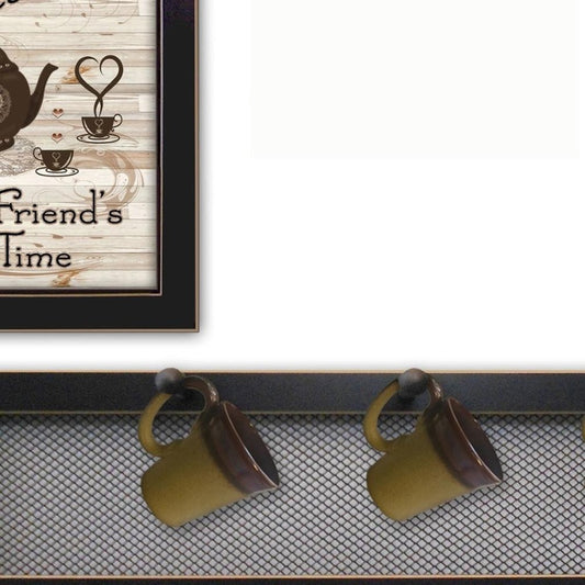 Set Of Four Kitchen Collection IV with Seven Peg Mug Rack 3 Black Framed Kitchen Wall Art