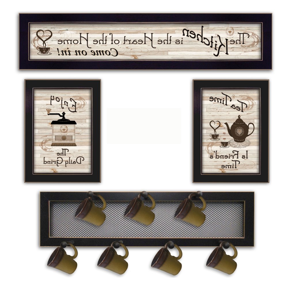 Set Of Four Kitchen Collection IV with Seven Peg Mug Rack 3 Black Framed Kitchen Wall Art