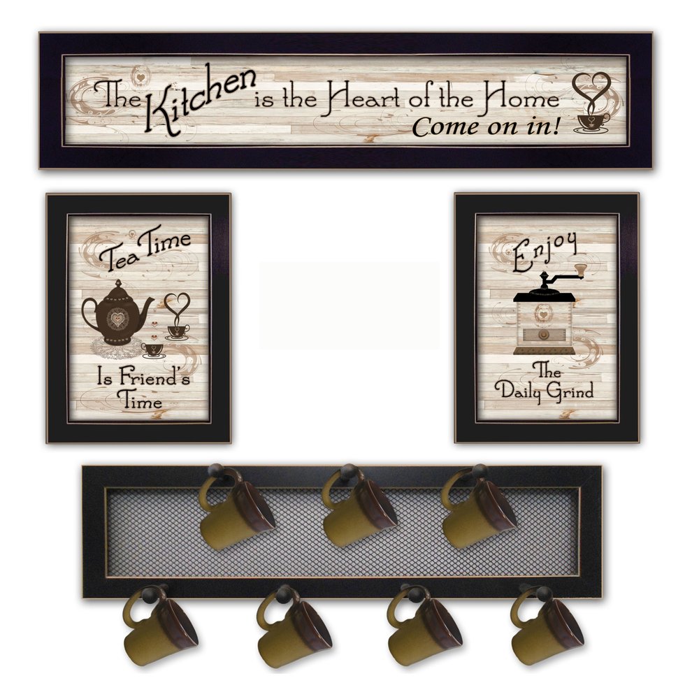 Set Of Four Kitchen Collection IV with Seven Peg Mug Rack 3 Black Framed Kitchen Wall Art