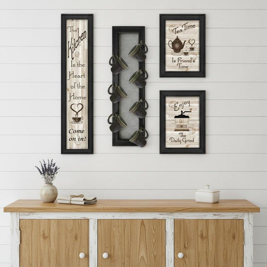 Set Of Four Kitchen Collection V with Seven Peg Mug Rack 2 Black Framed Print Kitchen Wall Art