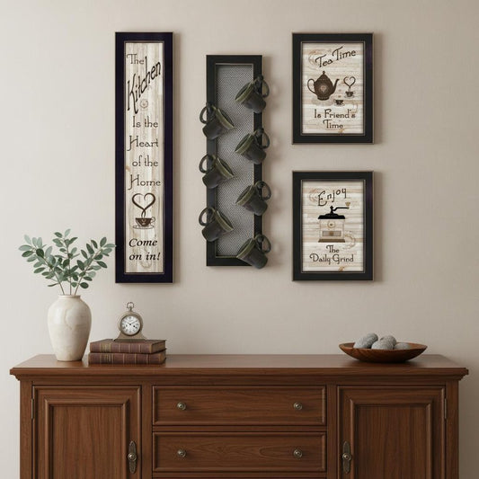 Set Of Four Kitchen Collection V with Seven Peg Mug Rack 3 Black Framed Print Kitchen Wall Art
