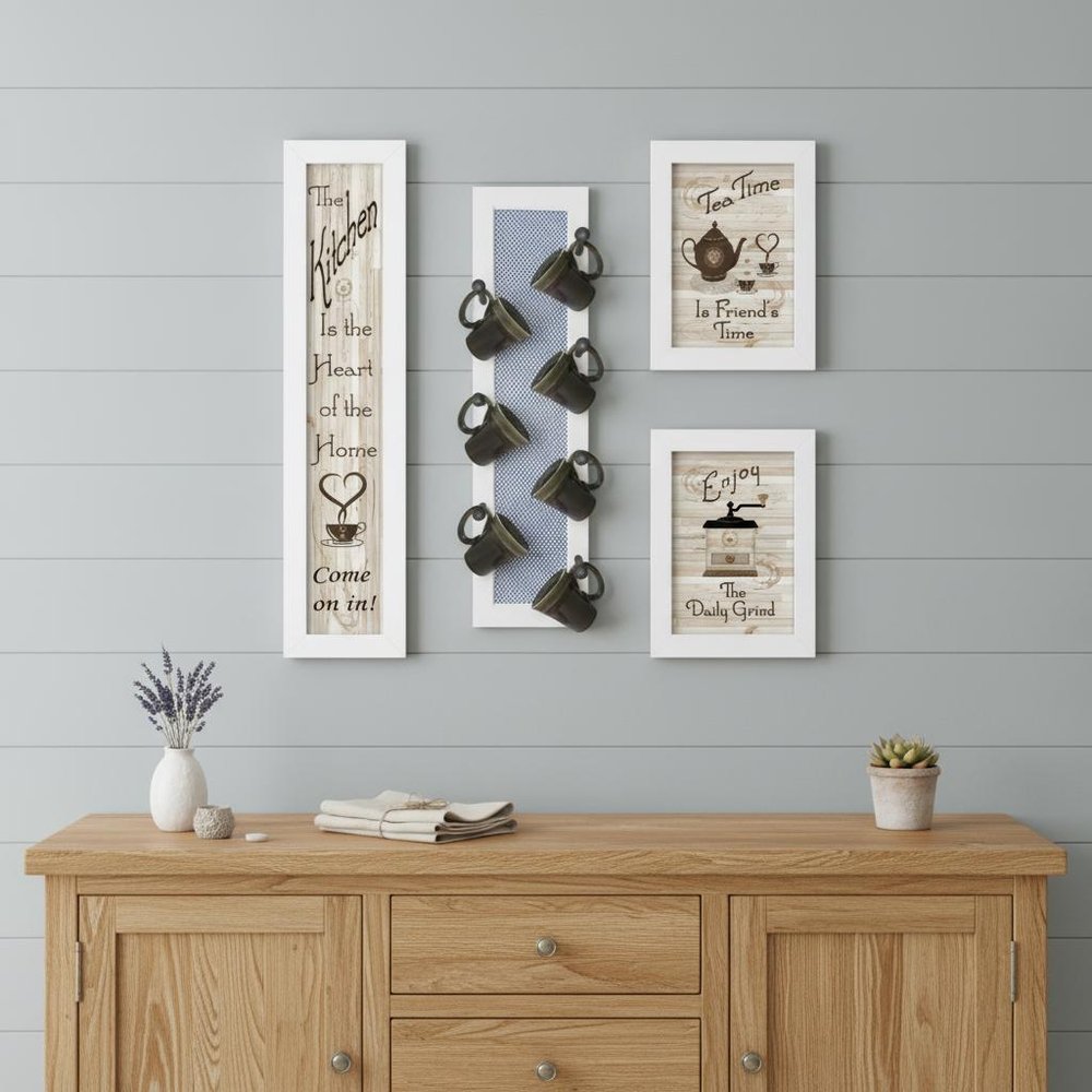Set Of Four Kitchen Collection V with Seven Peg Mug Rack 3 Black Framed Print Kitchen Wall Art