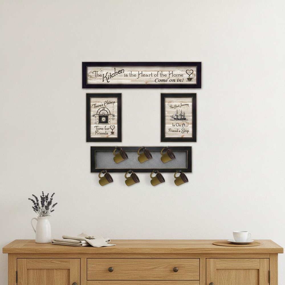 Set Of Four Kitchen Collection VI with Seven Peg Mug Rack 3 Black Framed Kitchen Wall Art