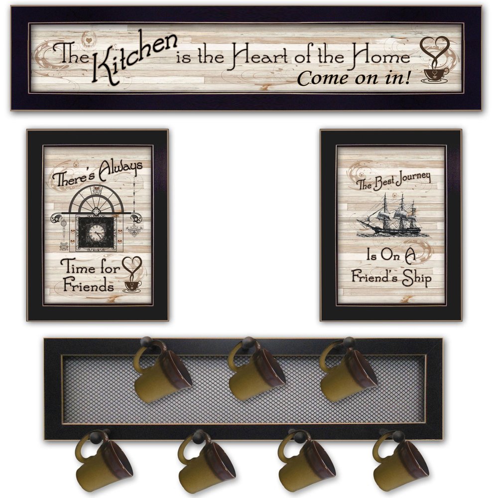 Set Of Four Kitchen Collection VI with Seven Peg Mug Rack 3 Black Framed Wall Art