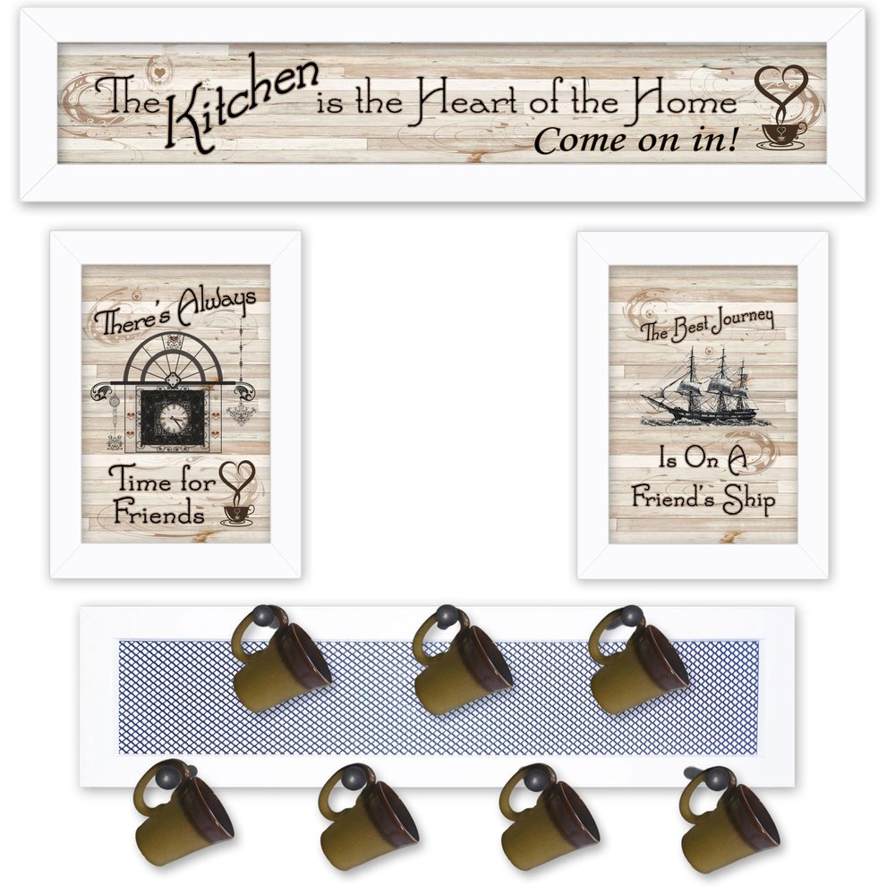 Set Of Four Kitchen Collection VI with Seven Peg Mug Rack 2 Black Framed Kitchen Wall Art