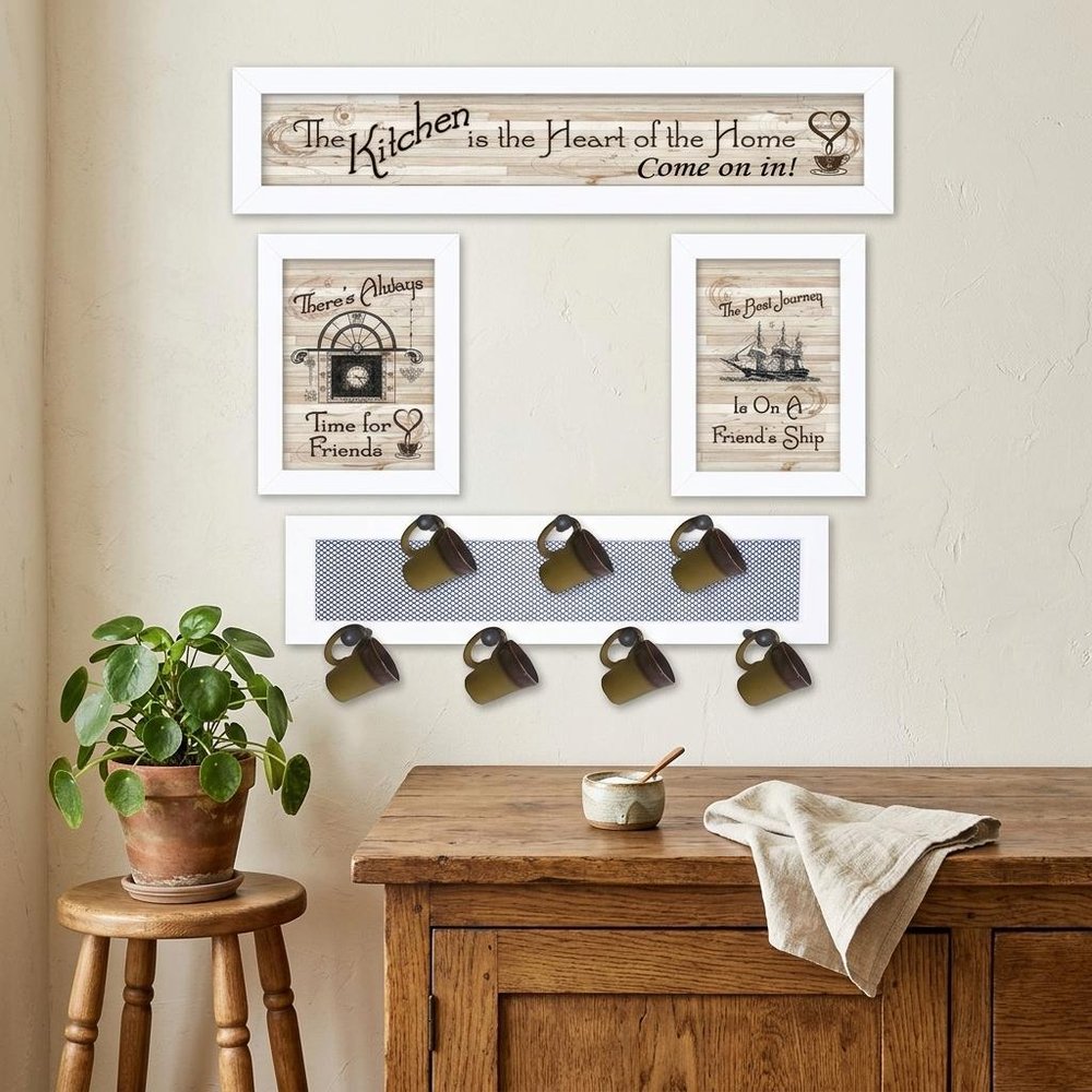 Set Of Four Kitchen Collection VI with Seven Peg Mug Rack 2 Black Framed Kitchen Wall Art