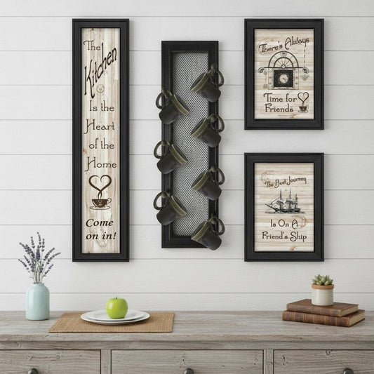 Set Of Four Kitchen Collection VII with Seven Peg Mug Rack 2 Black Framed Print Kitchen Wall Art