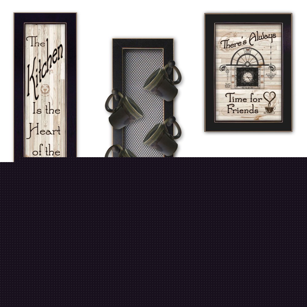 Set Of Four Kitchen Collection VII with Seven Peg Mug Rack 3 Black Framed Print Kitchen Wall Art
