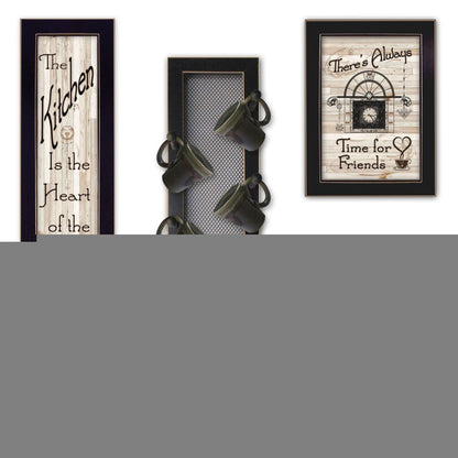Set Of Four Kitchen Collection VII with Seven Peg Mug Rack 3 Black Framed Print Kitchen Wall Art