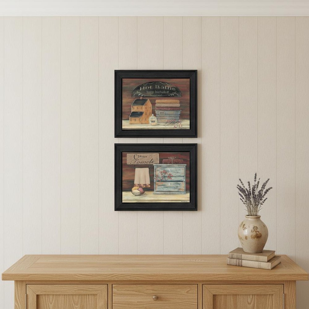 Set Of Two Hot Bath or Clean Towels Black Framed Print Bathroom Wall Art