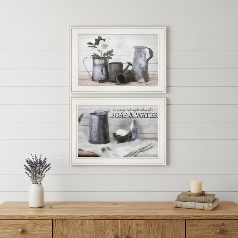 Set Of Two Soap or Floral 1 White Framed Print Bathroom Wall Art