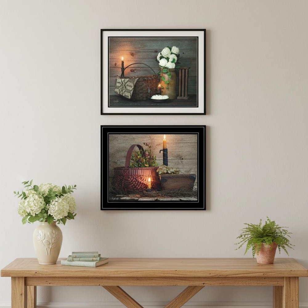 Set Of Two White And Red baskets Black Framed Wall Art