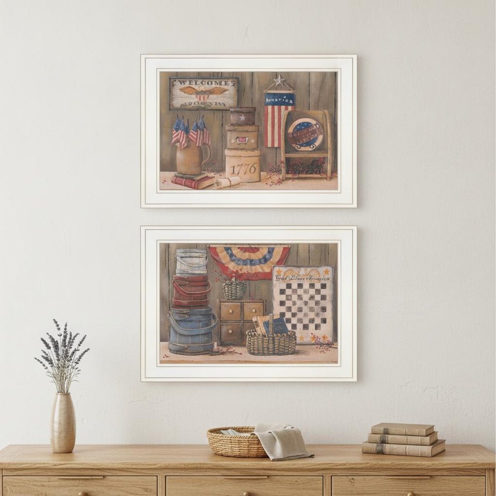 Set Of Two God Bless or Sweet Land 1 White Framed Print Wall Art