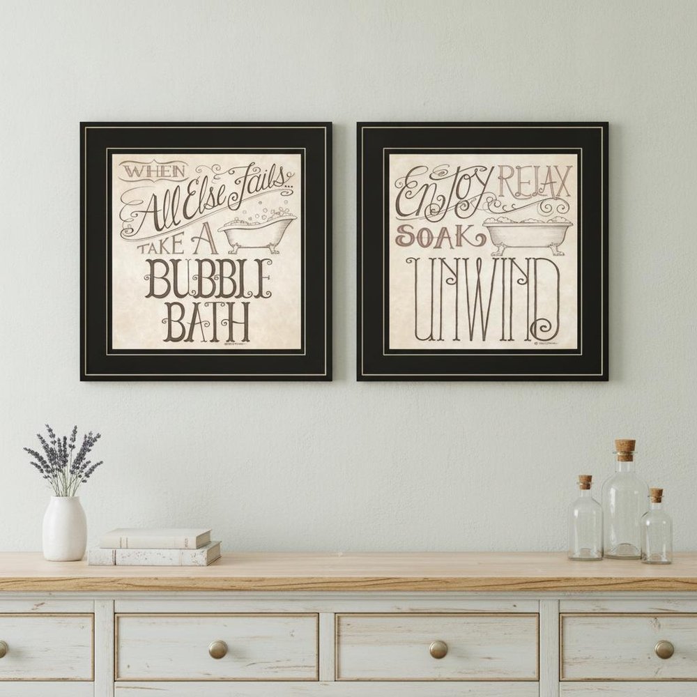 Set Of Two Soak and Unwind 3 Black Framed Print Bathroom Wall Art
