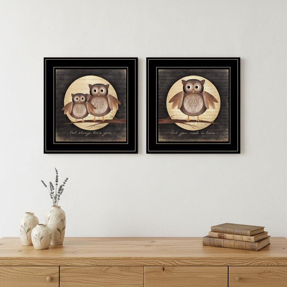 Set Of Two Owl Always Love and Need You 2 Black Framed Print Wall Art
