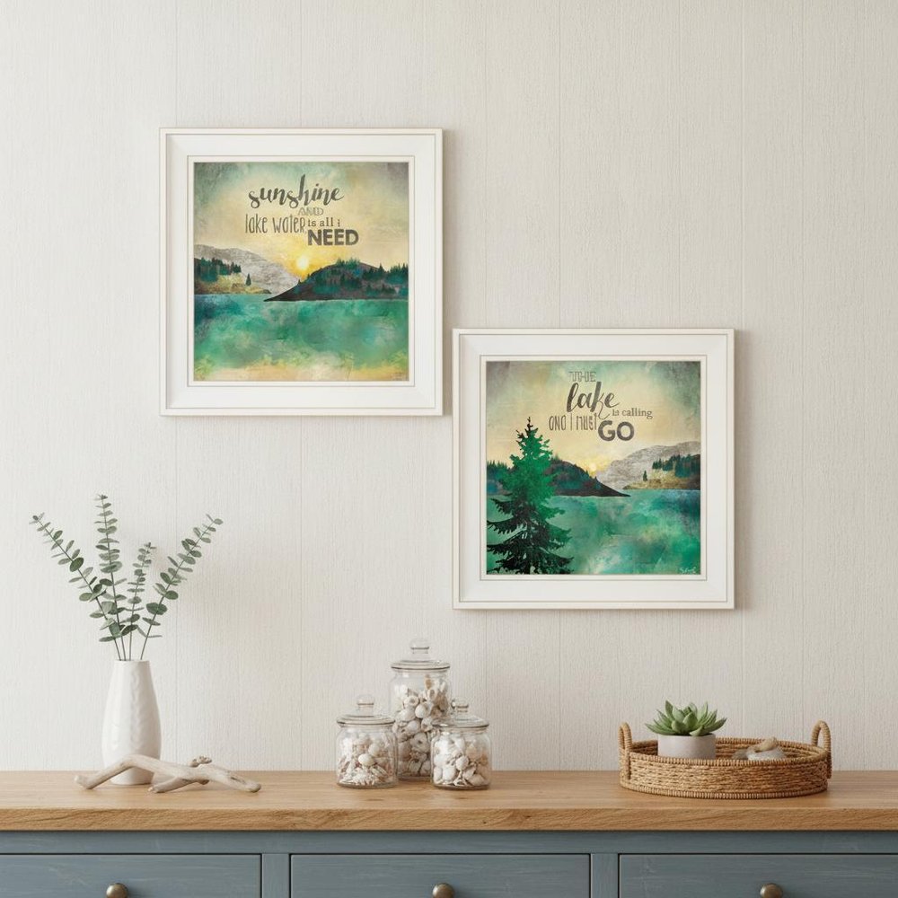 Set Of Two Lake or Sunshine 1 White Framed Print Wall Art