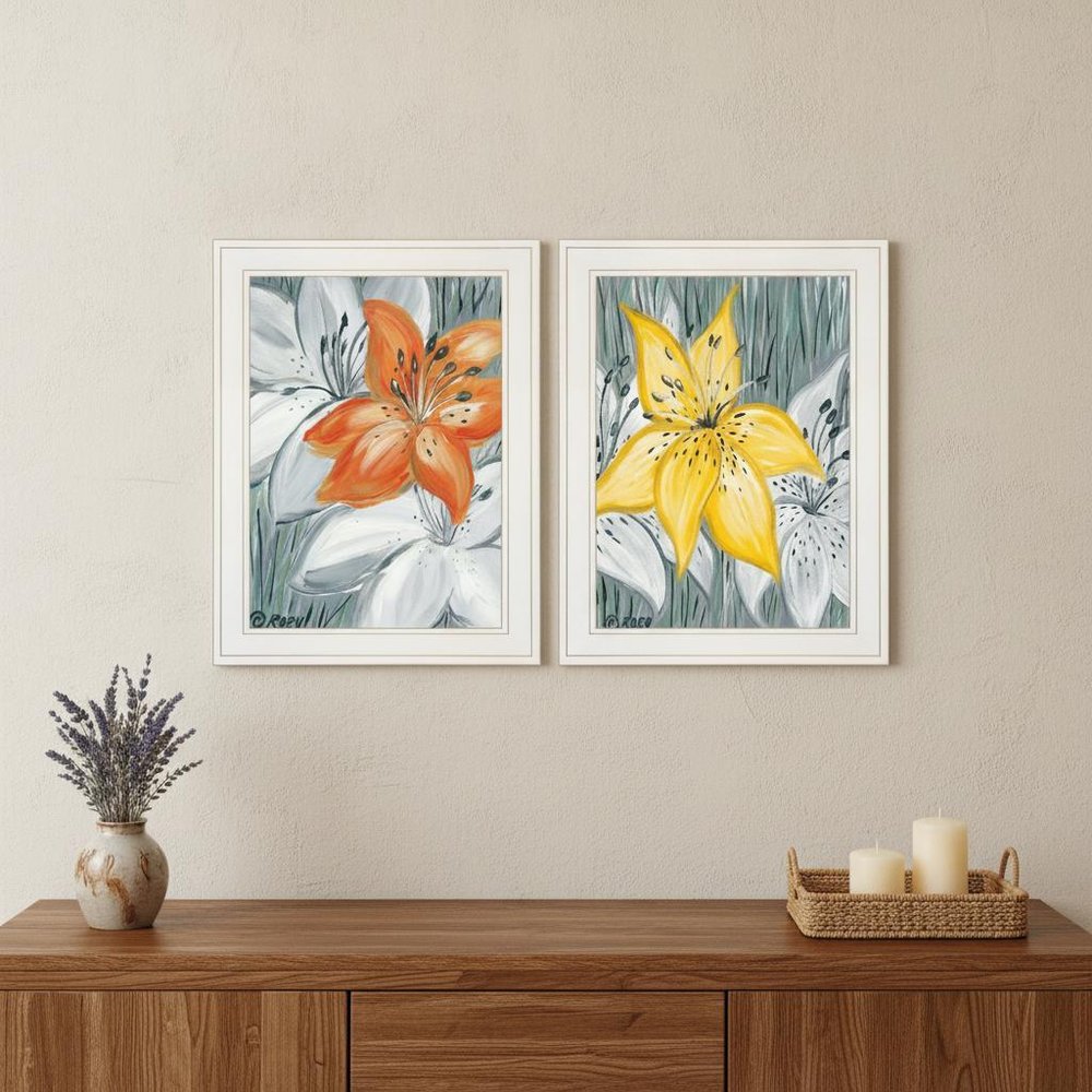 Set Of Two Tiger Lilies 1 White Framed Print Wall Art