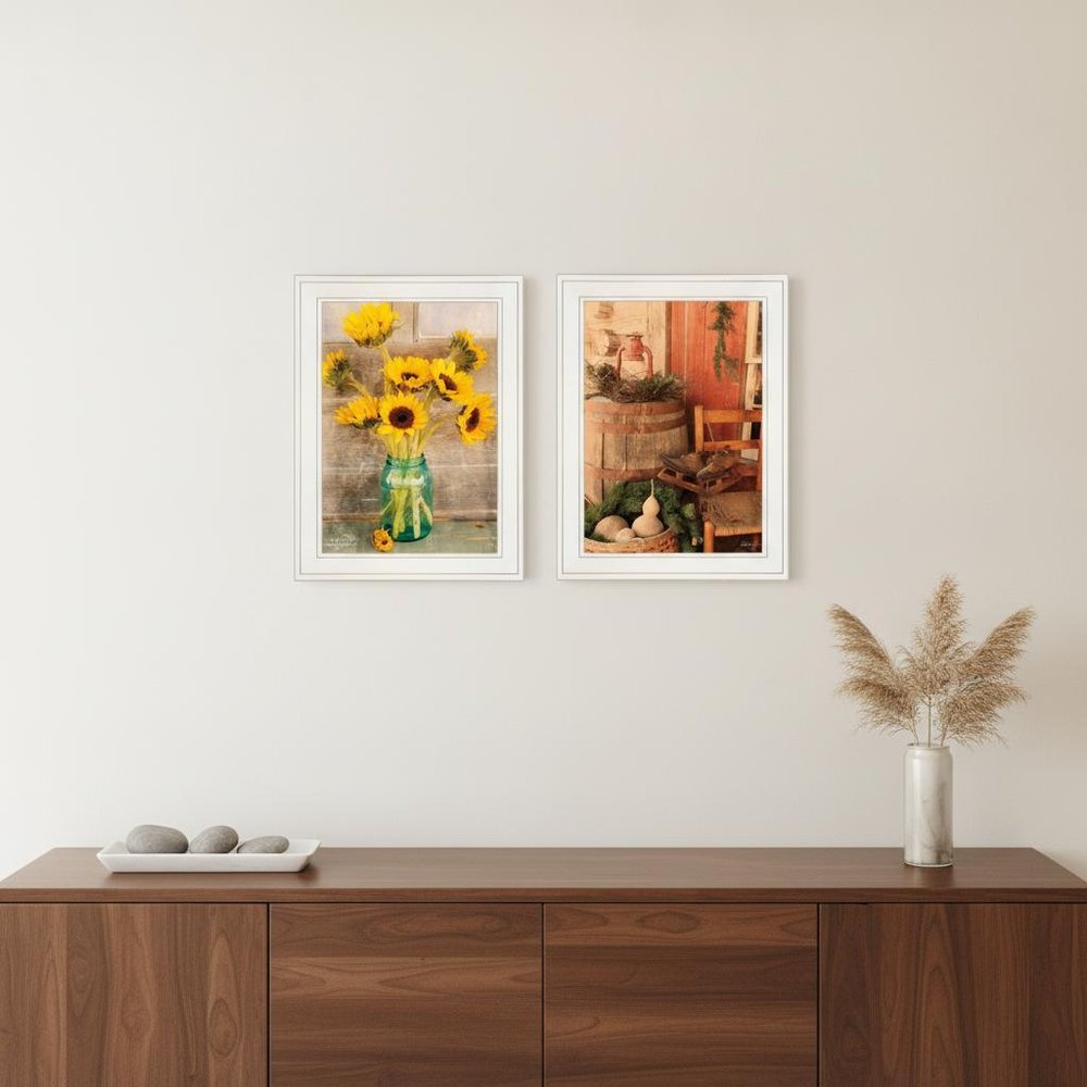 Set Of Two Vintage Country and Sunflowers 1 White Framed Print Wall Art